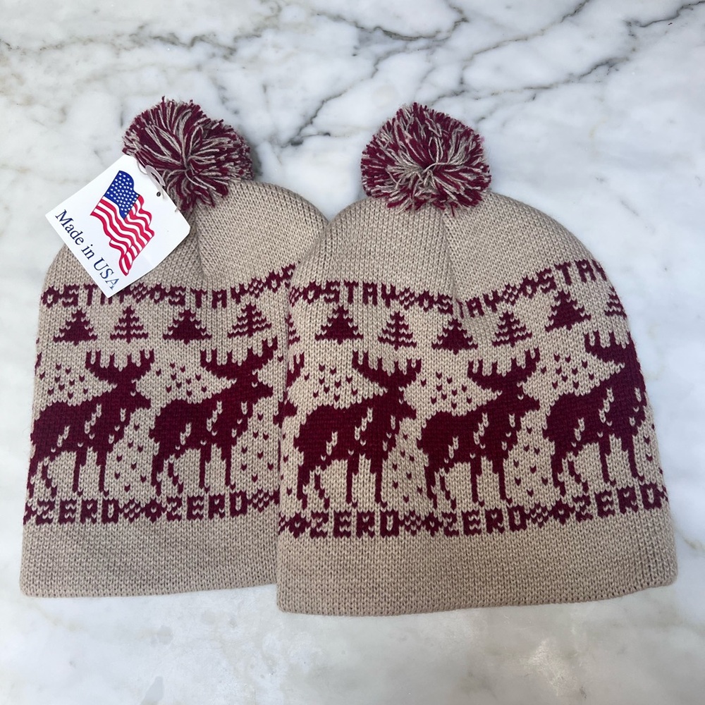 Beige and Maroon Moose Pom Pom Beanie - Twin Set
